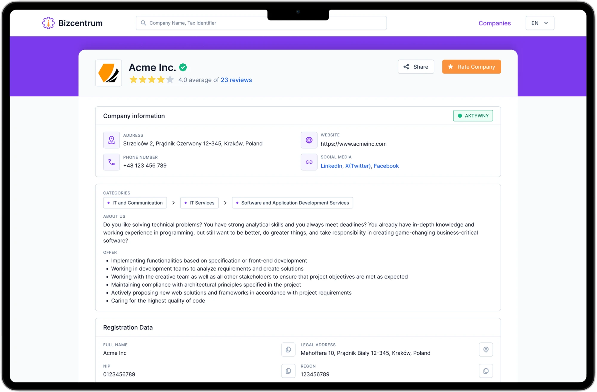 BizCentrum desktop company page
