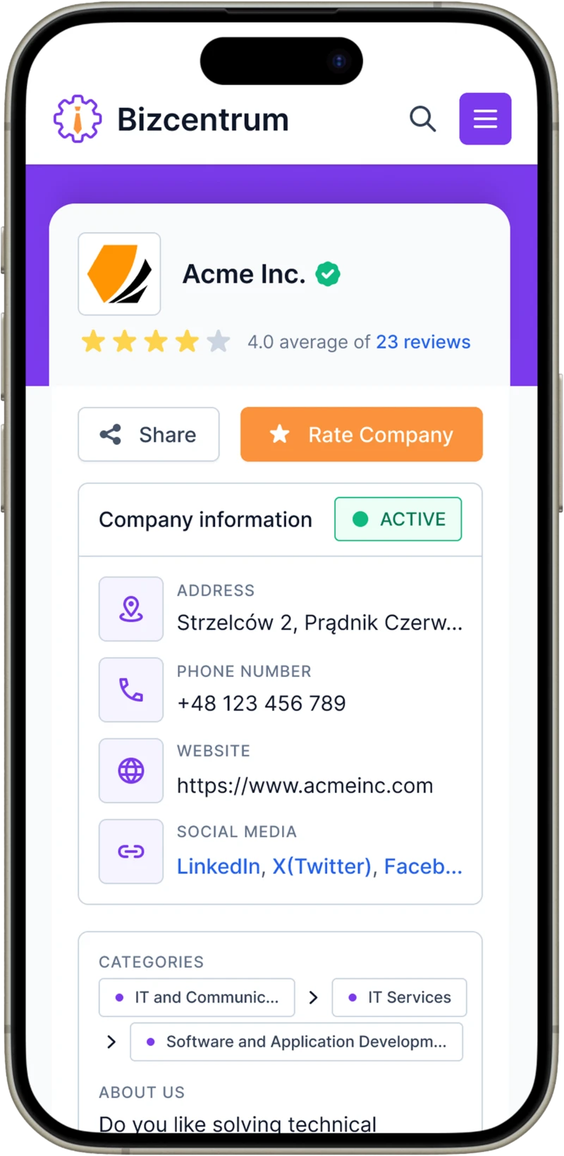 BizCentrum mobile company page